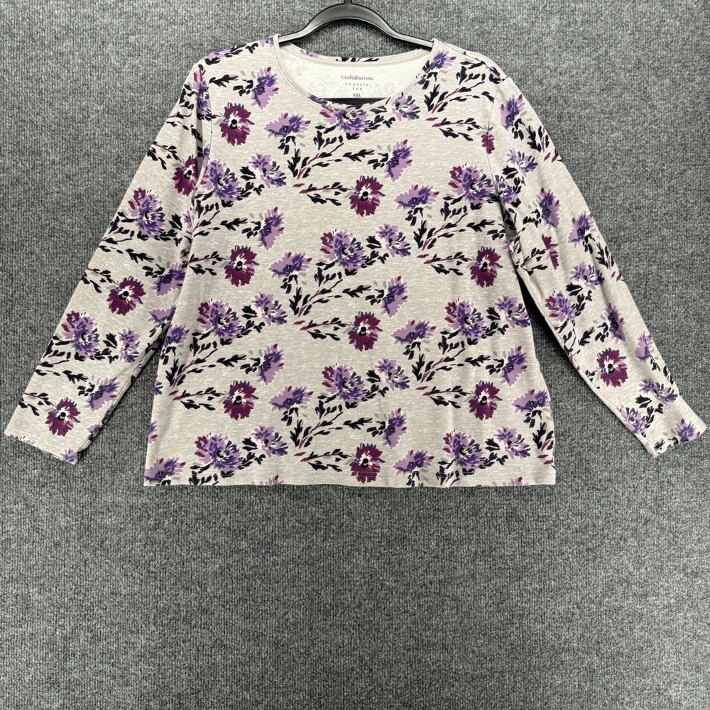 Croft & Barrow Top Womens XXL Gray Floral Crew Neck Long Sleeve Casual Boho 2XL